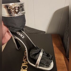Versace Metallic Silver Heeled Sandals